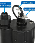 Top view of One Third HP Submersible Water Transfer Pump With 2400 GPH Performance Thermoplastic Utility Pump showing discharge and cord.