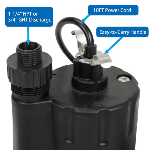 No Hassle Submersible Utility Pump Moves Water Like A Champ With Strong 1/5 Hp Motor Transfers Pond Or Basement Liquid Fast Up To 1600 Gph includes 10FT power cord and easy-to-carry handle.