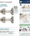 Two Pack Full Overlay 165 Degree Bi Fold Door Soft Closing Concealed Hinge For Face Frame Cabinets Lazy Susan Compatible Built Tough Heavy Duty Steel Construction With Nickel Finish And Easy Mounting Hardware Amerock, shown with included screws and installation guide.
