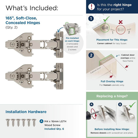 Two Pack Full Overlay 165 Degree Bi Fold Door Soft Closing Concealed Hinge For Face Frame Cabinets Lazy Susan Compatible Built Tough Heavy Duty Steel Construction With Nickel Finish And Easy Mounting Hardware Amerock, shown with included screws and installation guide.
