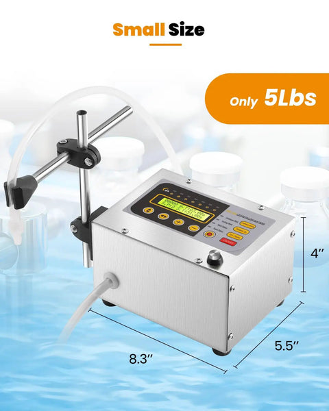 2-118 Oz Liquid Filler Machine With Anti Drip Nozzle Diaphragm Pump And Digital Control, compact size, stainless steel.