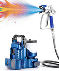 Heavy Duty Cordless Airless Paint Sprayer With High Pressure Adjustable Flow And Spacious Paint Reservoir Featuring Dual Batteries For No Sweat Home Painting Jobs All Day Long, showcasing blue unit and spray nozzle.