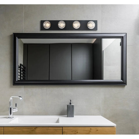 Four Light Vanity Light Fixture In Matte Black Low Profile Backplate Fits Tight Spaces Between Cabinets And Ceiling Vertical Or Horizontal Mount Easy Install With Included Hardware above bathroom mirror