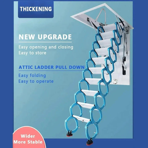Heavy Duty Telescopic Electric Pull Down Attic Ladder With Sweet One Touch Remote For Seamless Invisible Ceiling Access, blue.