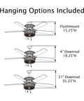 Diagram showing hanging options for Double Lit 5 Blade Beaded Braid Led Ceiling Fan With Crystal Bead Shade And Dimmer.
