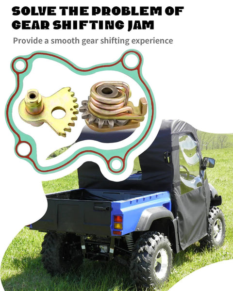 Front view of ANODZU gearshift fan gear set for Massimo MSU 500/700 and Hisun UTVs, with metal gears and gasket outline
