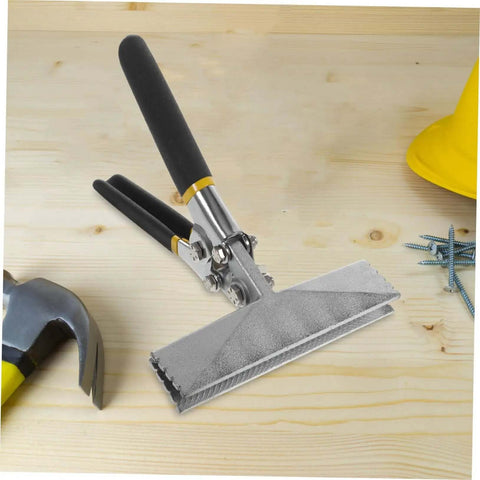 Duckbill Pliers Manual Metal Bender with nonslip jaws on a wood surface, ideal for sheet metal roofing and metalwork.