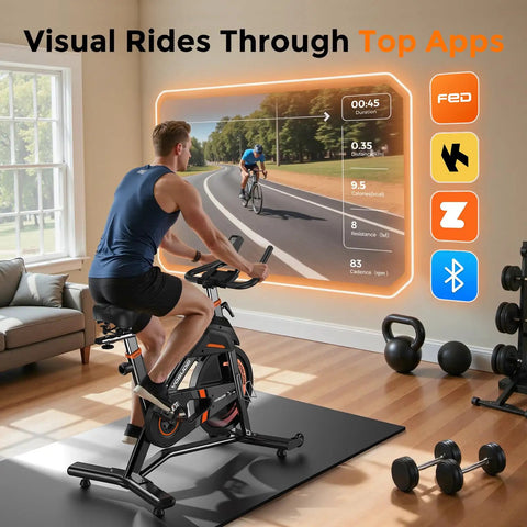 Man on magnetic indoor exercise bike with exclusive app and real-time data display, ultra quiet home studio cycling setup.