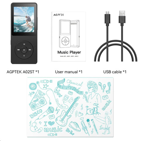 Bluetooth 5.3 MP3 Player With Built In Speaker 1.8 Inch Screen FM Radio Voice Recorder 32GB Internal Storage and accessories