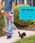 Person using Cordless 20V Max String Trimmer Edger And Sweeper Combo Kit With 10 Inch Cutting Swath on lawn edge, 2-in-1 design.