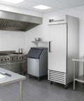 Commercial Reach In Freezer With Solid Swing Door Keeps Things Frosty Down To Ten Below Zero Fahrenheit R290 Hydrocarbon Compressor in kitchen.