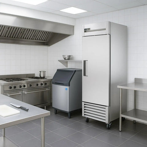 Commercial Reach In Freezer With Solid Swing Door Keeps Things Frosty Down To Ten Below Zero Fahrenheit R290 Hydrocarbon Compressor in kitchen.
