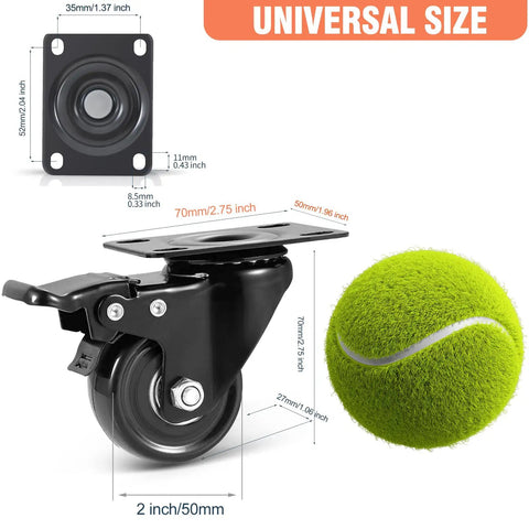 Heavy Duty 2 Inch Caster Wheel Set Of 4 With Dual Brakes Floor Protecting Rubber Swivel Casters dimensions with a tennis ball for size reference.