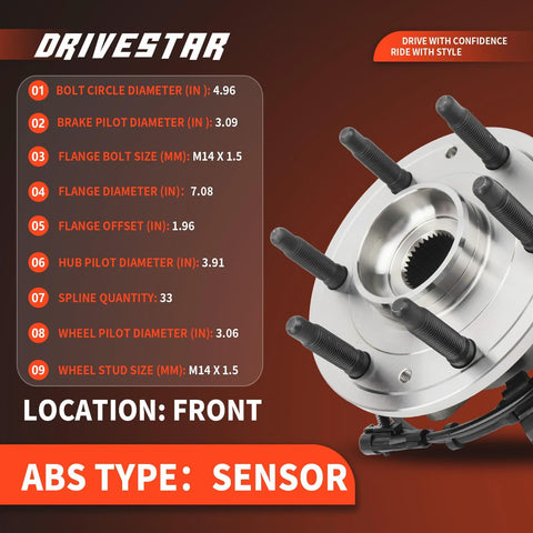 Specifications of Front Wheel Hub And Bearing Assembly 4x4 AWD For Chevy Silverado Suburban Tahoe Avalanche Yukon XL GMC Sierra Savana Cadillac Escalade ABS 6 Lug Replacement Part