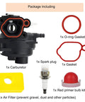 Package contents of Carburetor Kit For Lawn Mower Engines 125Cc 140Cc including carburetor, o-ring, spark plug, gasket, primer bulb, air filter.