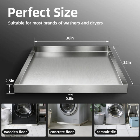 32 By 30 By 2.5 Inch Heavy Duty 304 Stainless Steel Washing Machine Pan With Drain Hole And Hose Adapter for laundry rooms