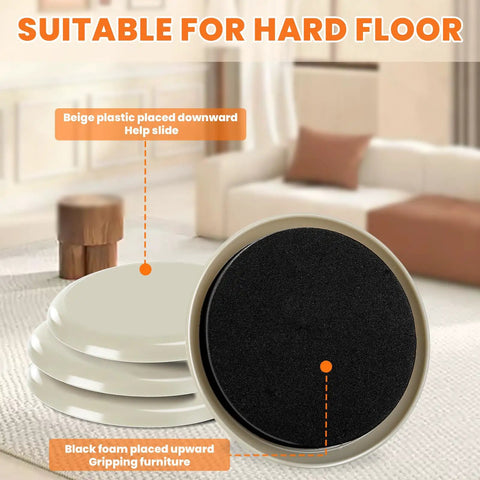 Heavy Duty Furniture Sliders For Carpet 24 Pack, 3.5 Inch Round Glides on a rug, showing beige plastic and black foam.