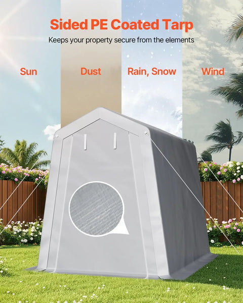 Heavy-Duty Portable Outdoor Storage Shed Tent 6x8x7 Ft With Roll-Up Zipper Door in garden setting, emphasizing weather resistance.