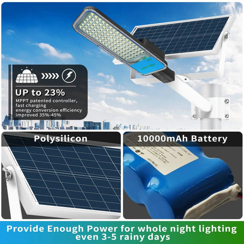 Two Pack 200W Solar Street Light With Motion Sensor Crazy Bright 192 LED Flood Light, solar panel and battery details visible