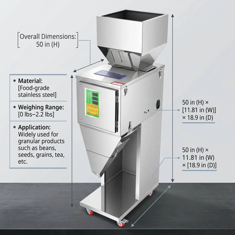 Straight Up Reliable Automatic Granule Filler Machine With Digital Scale Pro Level 304 Stainless Steel Powder Doser side view with dimensions.