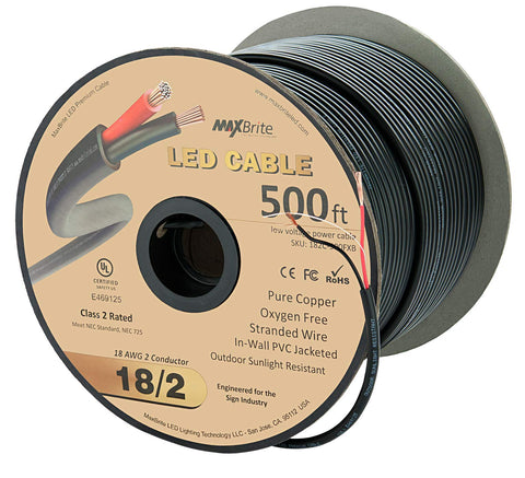 Outdoor Ready 500 Ft 18AWG Low Voltage LED Cable 2 Conductor In Wall Speaker Wire With Sunlight Resistant Black PVC Jacket