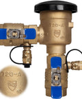 Front view of 1-inch brass pressure vacuum breaker backflow preventer for irrigation, with blue lever shutoffs.