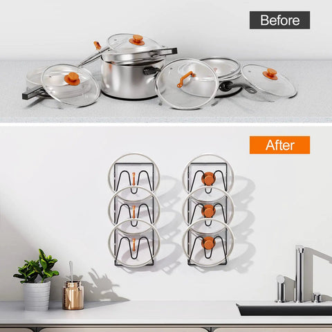 Before and after view of Two Pack Pot Lid Organizer Rack For Cabinet Door And Wall Mounts, Six Tier Lids Holder in use.