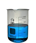 1000ml heavy wall beaker from 15 Piece Borosilicate Glass Labware Set with blue liquid