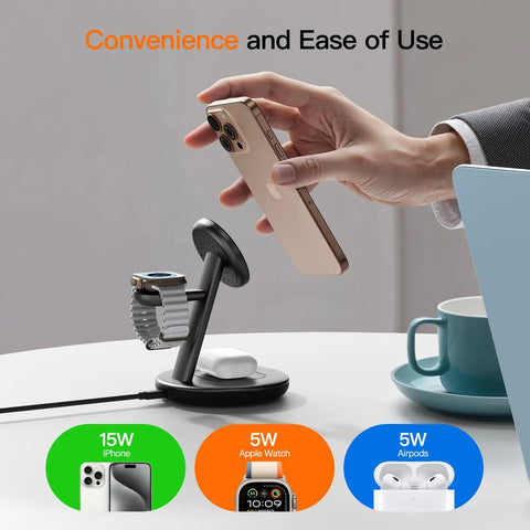 3 In 1 Magnetic Wireless Charge Station For iPhone 17 To 12 Series, AirPods, And Watch, MagSafe stand on desk setup