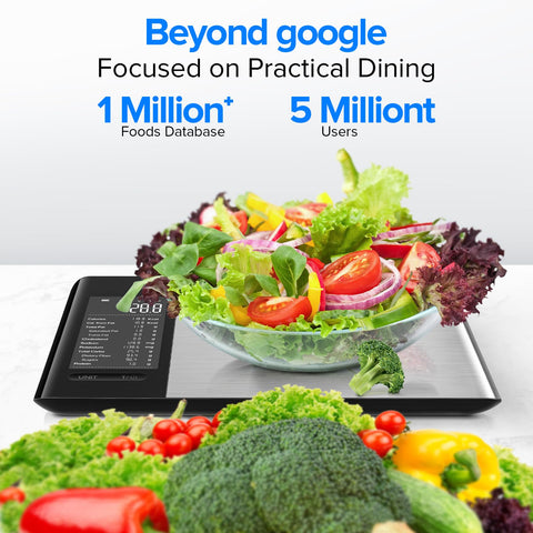 Your Kitchen Sidekick Smart Scale With Nutritional Calculator And Free App, salad on scale, vegetables, stainless steel