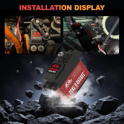 Ultra Fast Brushless RC Servo Motor With Metal Gear for 1 10 Scale Cars Boats And Crawlers Delivers a 0.055 Second Response And Upgraded Digital Precision This Beefy High Torque Servo Is Programmable Via SPV2 And Rocks A CNC Aluminum Shell For Heat Relief displayed on rocky surface and in RC model.