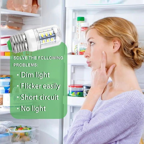 Person looking at open fridge with list of lighting problems and Bright E27 Refrigerator LED Light Bulb Replacement 5304511738 image