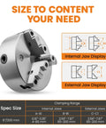 Eight Inch Three Jaw Lathe Chuck Self Centering Hardened Steel with internal and external jaw display, clamping range shown