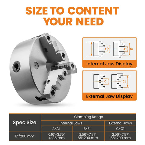 Eight Inch Three Jaw Lathe Chuck Self Centering Hardened Steel with internal and external jaw display, clamping range shown