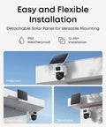 4K Solar Wireless Outdoor Security Camera With Triple Lens Bullet PTZ, mounted under eaves with detachable solar panel.