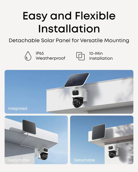 4K Solar Wireless Outdoor Security Camera With Triple Lens Bullet PTZ, mounted under eaves with detachable solar panel.