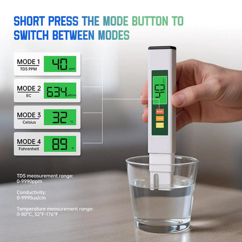 Four In One TDS Meter Digital Water Tester For Drinking Water EC And Temperature Readouts 0-9990ppm Portable On The Go