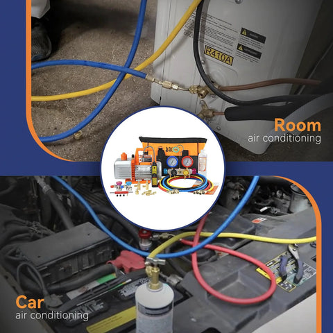 Front view of BACOENG 4.5 CFM vacuum pump and gauge kit with hoses for R134a/R410a/R22 HVAC systems