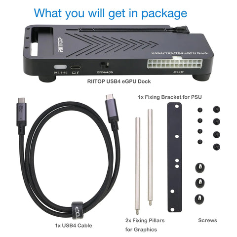 RIITOP USB4 eGPU dock package contents, including USB4 cable, fixing brackets, and screws for setup.
