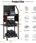 All In One Power Tool Organizer Cart With Charging Station And Wheels For Garage Ready Heavy Duty Tool Storage With Pegboard Hooks 24 Large Drill Racks And 8 Outlets For Easy Charging And On The Go Mobility, showing product size and features diagram.