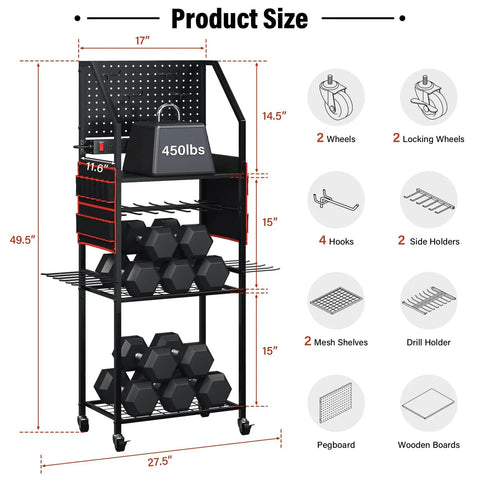 All In One Power Tool Organizer Cart With Charging Station And Wheels For Garage Ready Heavy Duty Tool Storage With Pegboard Hooks 24 Large Drill Racks And 8 Outlets For Easy Charging And On The Go Mobility, showing product size and features diagram.
