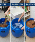 Sturdy 55 Gallon Rain Barrel Water Storage Drum for emergency prep, shown in use for filling, cleaning, and storing pet food.