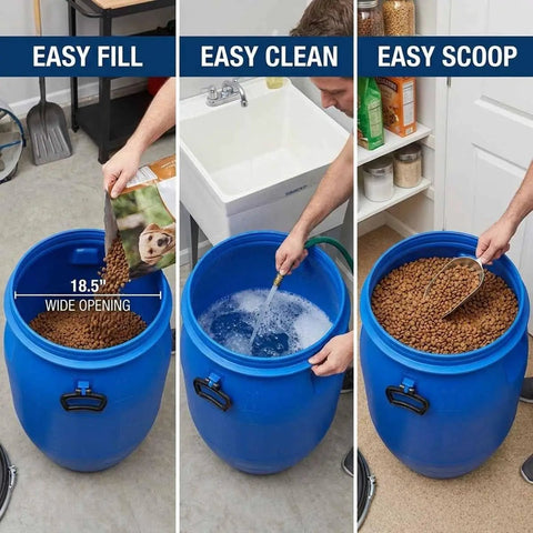 Sturdy 55 Gallon Rain Barrel Water Storage Drum for emergency prep, shown in use for filling, cleaning, and storing pet food.