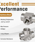 Three Eighths NPT Stainless Steel Tee Fitting 304 High Pressure Pipe Tee For Fluid And Air Lines, Heavy Duty 4350 PSI