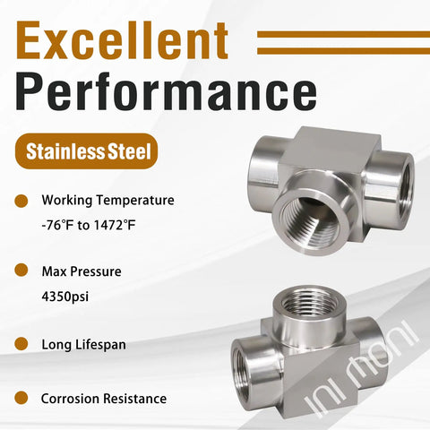Three Eighths NPT Stainless Steel Tee Fitting 304 High Pressure Pipe Tee For Fluid And Air Lines, Heavy Duty 4350 PSI