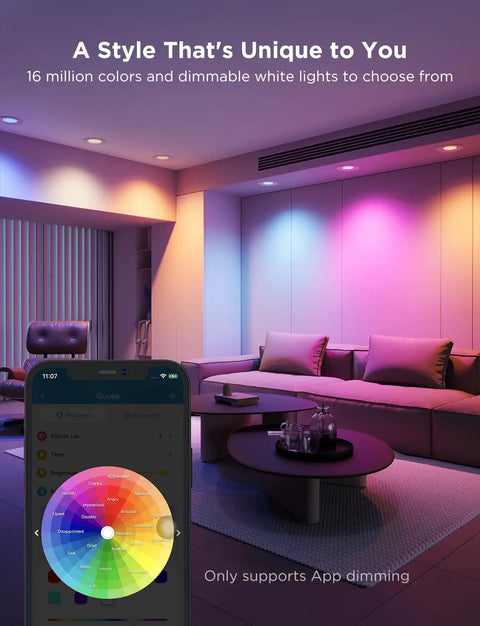 Slick Six Inch Smart Retrofit Recessed Can Lights With Wifi Direct Connect Pushing One Thousand Lumens Fully Dimmable Led Downlights Matching Any Vibe And Hooking Up Smoothly With Voice Controls For Straight Up Clean Setup Six Pack in a vibrant living room setup.
