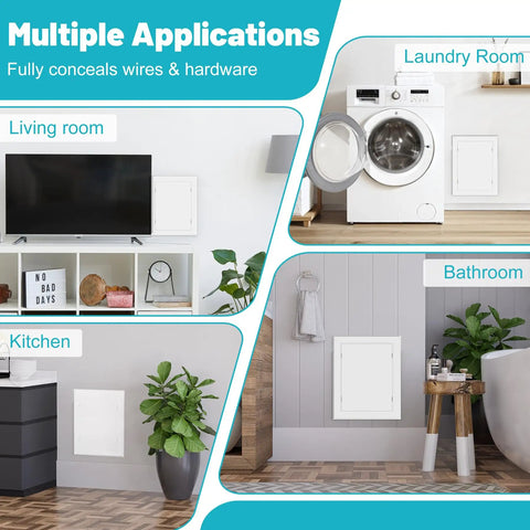 No Sweat Peel And Stick Wall Access Panel Solid White ABS Plastic Paintable Drywall Hole Cover in kitchen, living room, and bathroom settings.