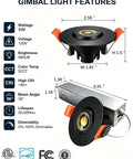 Sublimation 2 inch 5CCT Gimbal Led Recessed Lights with measurements for 6W Dimmable Adjustable Eyeball Downlight in Black.