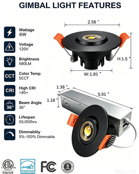 Sublimation 2 inch 5CCT Gimbal Led Recessed Lights with measurements for 6W Dimmable Adjustable Eyeball Downlight in Black.