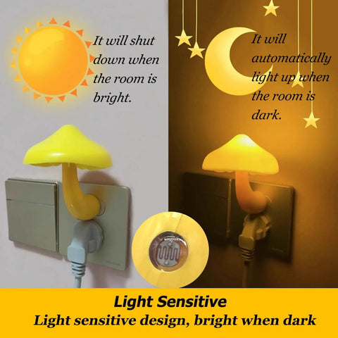 Mushroom Shaped Energy Saving Sensor LED Night Light With Plug In Auto On Off Multi Color Changing LED in action, yellow finish